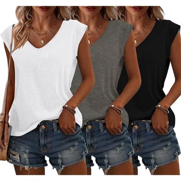 3 Pack Womens Cap Sleeve Tops V Neck T Shirts Spring Summer Casual Plus - Picture 7 of 7